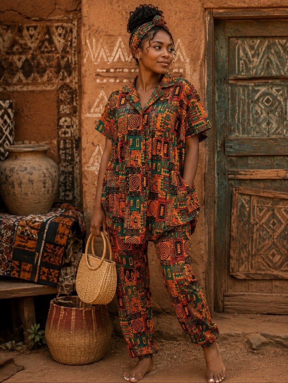 Vintage African attire 90s Colorful Geometric Print Shirt & Pants Set